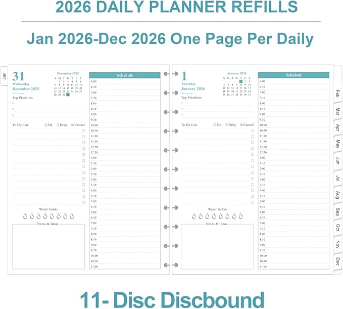 2026 Planner Refills, 11-Disc Discbound One Page Per Day, Daily ＆ Monthly Planner Refill from January 2026 - December 2026, Letter Size, 8.5" x 11"