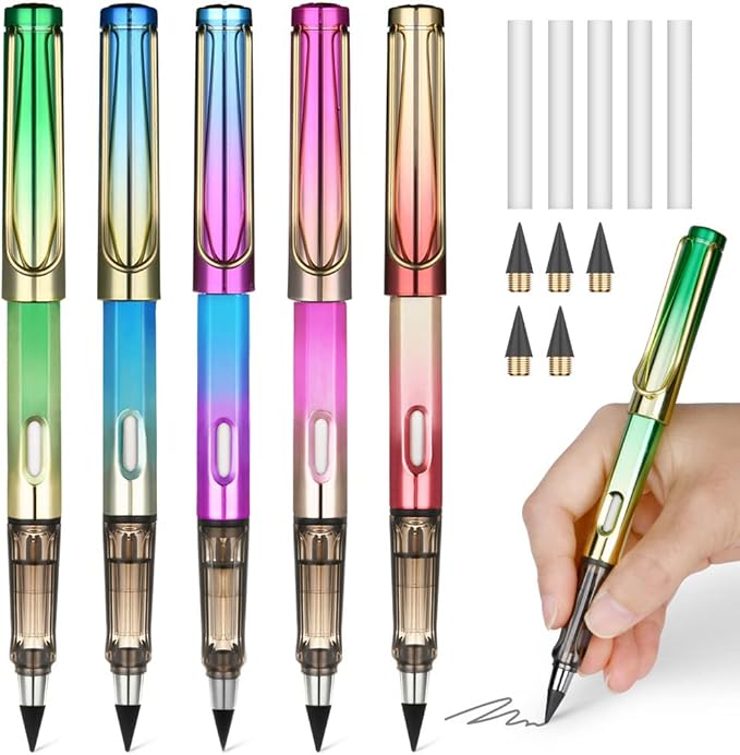 Ainiv Inkless Pencil with Eraser - 5 Sets Infinity Pencil, Reusable with Extra 5 Eraser & 5 Replaceable Nibs for Home, Office & School Writing, Drawing