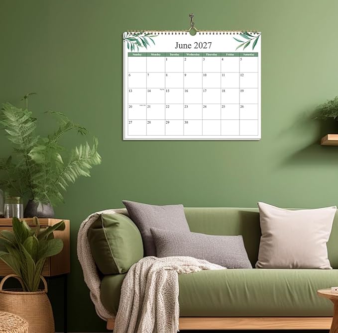 2026-2027 Calendar - Calendar 2026-2027 from June 2026 - December 2027, 19 Months Calendar with Premium Paper, Twin-Wire Binding & Hanging Hook, 12" x 14.5", Green Leaf