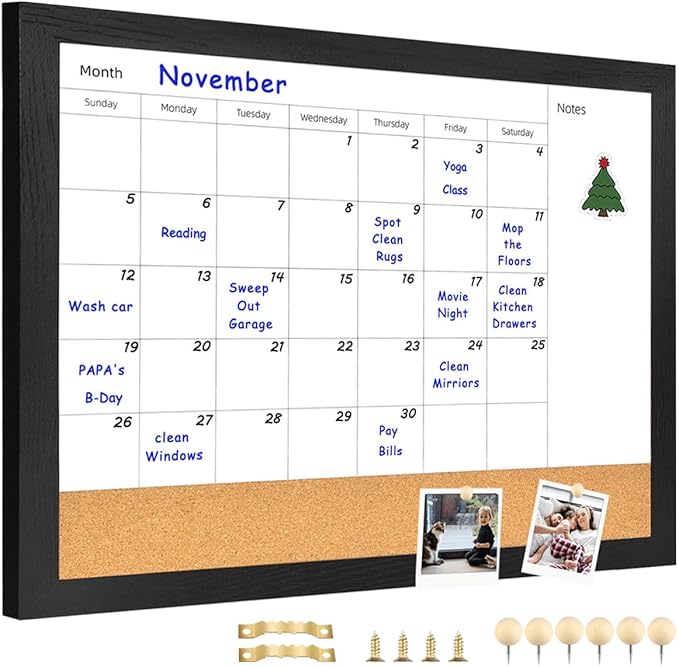 Monthly Calendar Dry Erase White Board & Cork Bulletin Board，13" x 17" Black Wood Frame，Magnetic Surface Whiteboard.Perfect for Organizing Your Space.Whiteboard+Cork-3343B-BK