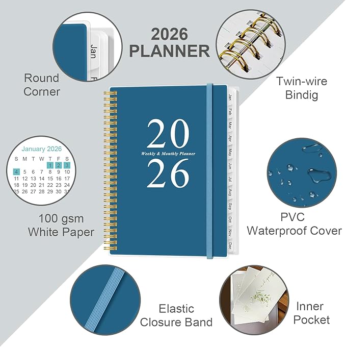 2026 Planner - Weekly & Monthly Planner Spiral Bound, Planner 2026 from January 2026 - December 2026 with Monthly Tabs, Inner Pocke, 8.5" x 11", Dark Blue