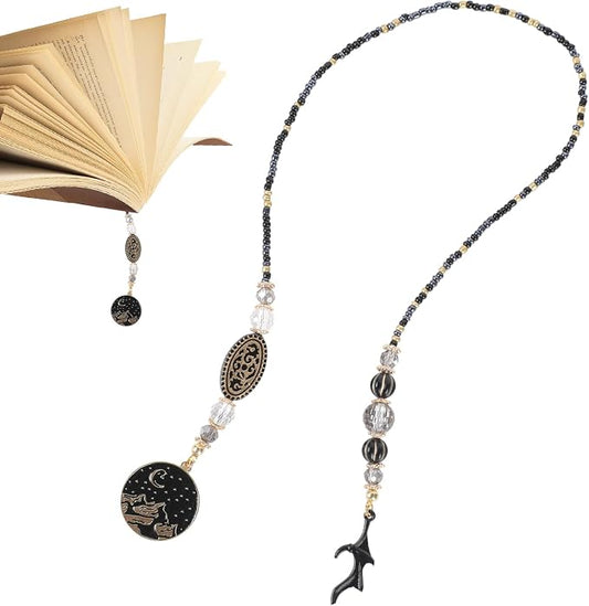 Crystal Moon Beaded Bookmark - Glass Seed Beads Fantasy Bookmark Gift for Women & Men, Black Chain Bookish Accessory for Readers and Book Lovers Students Teacher