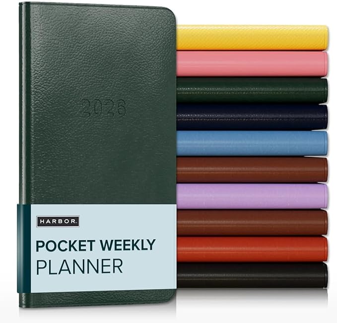 Harbor Pocket Weekly Monthly Planner 2025-2026, Calendar Planner and Notebook, Durable Faux Leather, 192 Pages, Softcover & Book Bound - Leida Pine - 6 x 3.25 "