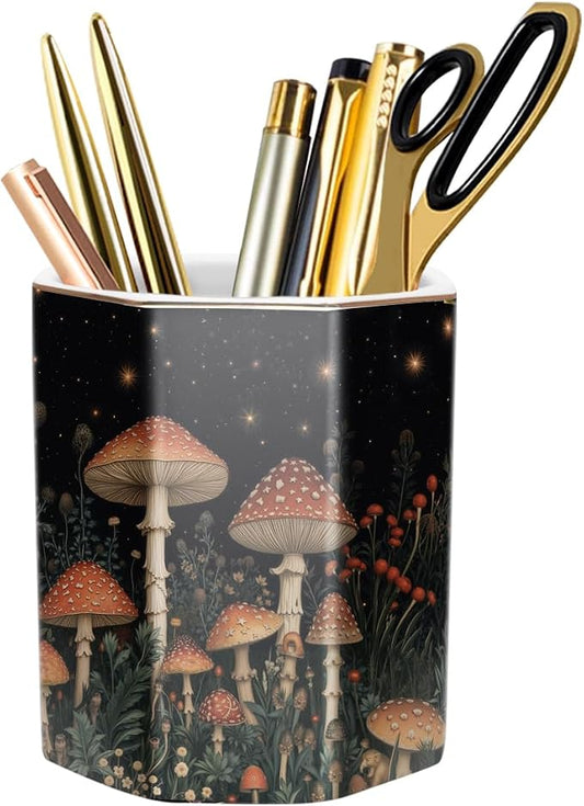 Ceramic Mushroom Pen Holder for Desk Cute Stand Gold Pencil Cup Pot Desk Organizer Makeup Brush Holder for Girls, Women, Unique Stationery for Office, Home, Colorful