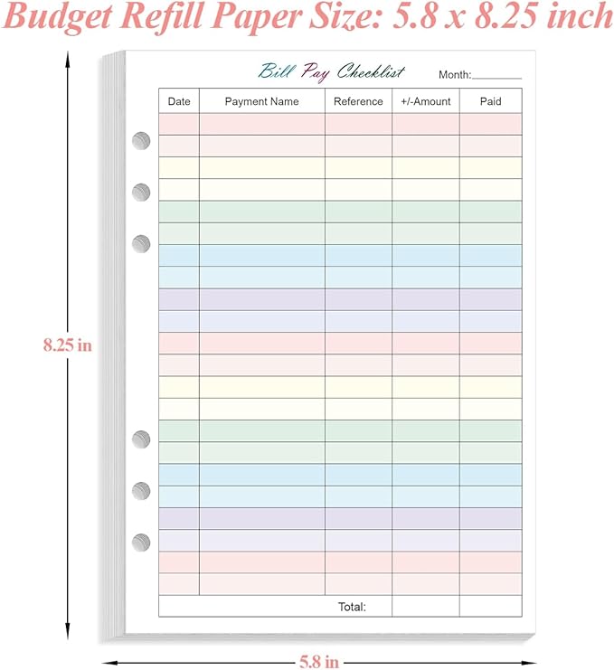 (2-Pack) Payment Checklist Refills - 100 Sheets/200 Pages Colorful Monthly Budget Forms for A5 Binder, 6 Hole Punched, 100 gsm White Paper, 5.8" x 8.3"