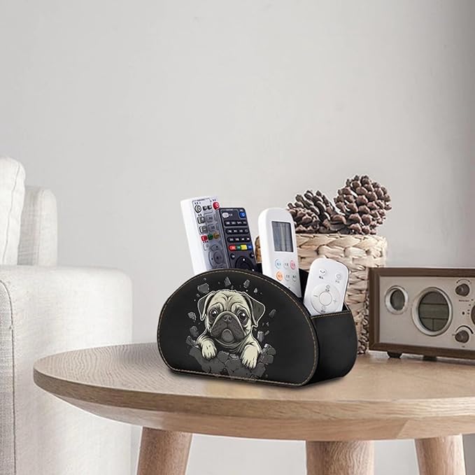 Forchrinse Pug Print Remote Control Holder for Table,PU Leather TV Remote Caddy Desk Organizer-5 Compartments Storage Box Tray for Controller,Art Supply,Office Stationery