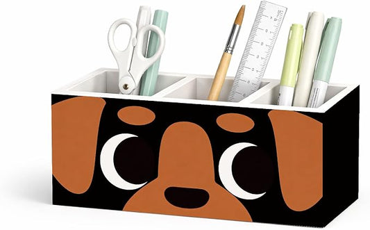 Dog Face 3-Compartment Desk Organizer, Wooden Pencil Holder for Pens, Pencils, Scissors, Ruler, Cute Dog-Themed Storage Box for Kids, Home & Office