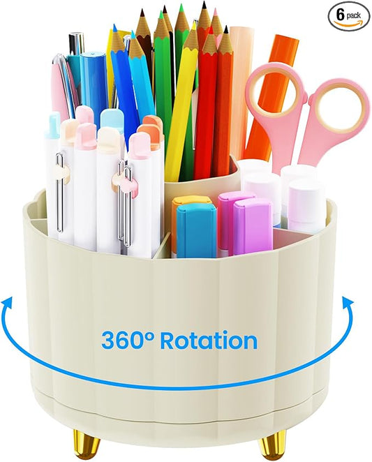 360 Degree Rotating Pen Holder for Desk, 6 Slots Desktop Organizer Caddy for Pens, Pencils, Markers, Multi-Functional Pencil Cup & Office Supplies Holder, Beige