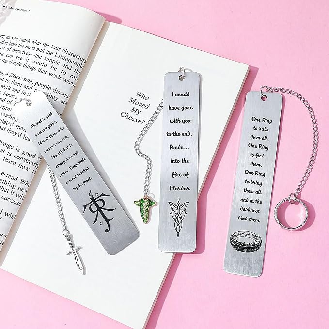 3Pcs Fantasy LOTR Metal Bookmarks Set, Elvish Leaf Pendant with Sword Charm, Evenstar Engraving, Epic Quotes Carved, Dark Academia Book Accessories, Gifts for Readers (The Three Rings)