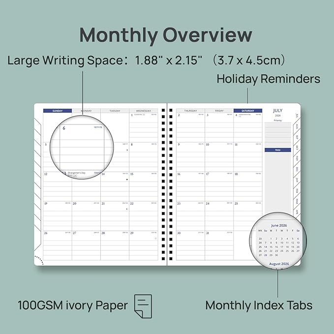 POPRUN 2026-2027 Academic Weekly Planner, 7" x 8.5" Calendar from July 2026 to June 2027, Spiral Bound Appiontment Book with Vertical Layout, 30 Minutes Hourly Time Slots, Leather Soft Cover, Monthly Tabs - Black