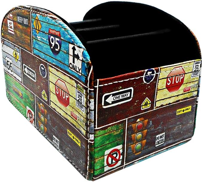Remote Control Holder Organizer - Leather Table Desk Storage with 5 Spacious Compartments (Road Sign)