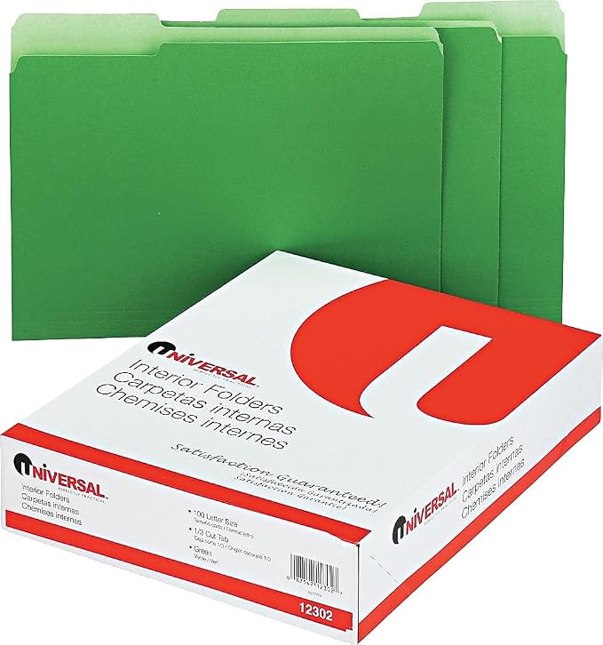 Universal 12302 Recycled Interior File Folders, 1/3 Cut Top Tab, Letter, Green, 100/Box