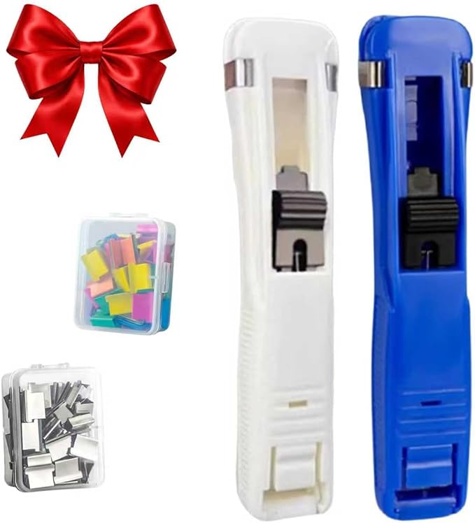 Portable Binder Clip Stapler Mini-Includes 58 Reusable Clips, Reusable Desktop Stapler with Clip Dispenser，Mini Push Stapler Clamp Staplers for Desktop Document Home School Desk (2PCS H)