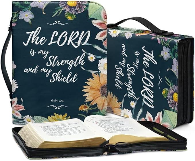 Bible Case with Handle and Zipper, Premium PU Leather Waterproof Bible Cover 11.2 x 8 x 2.2 Inches, Book Case for Standard Size Bibles with Pen Storage, Bible Accessories Gifts (Floral)