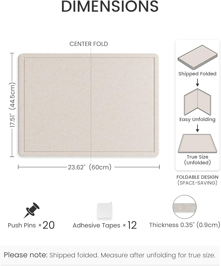 Fluxynara Bulletin Board, 23.6" x 17.5" Cork Board Alternative with 12 Safe Removable Adhesive Tabs, Foldable Felt Pin Board for Home Office, Classroom, Bedroom,Entryway for Walls—Oatmeal