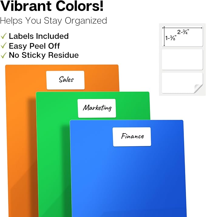 Dunwell Colored Plastic Folders with Pockets - (12 Pack, Assorted Colors), 2-Pocket 8.5x11 Folders for School and Office, Heavy Duty Long Lasting Poly, Includes Labels