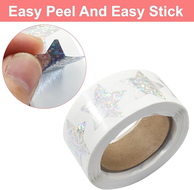 500 Pcs 1 Inch Sliver Star Stickers, Glitter Self Adhesive Star Labels for DIY Crafts Classroom Student Planner Teachers Supplies (1 Roll)