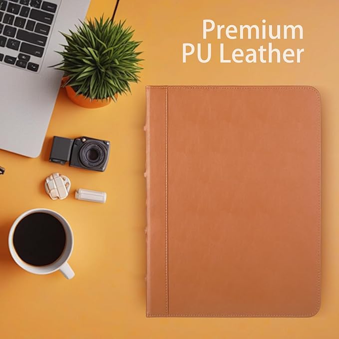 Small Portfolio/Zippered Padfolio Binder, Book Style Hardback Design, Business & Interview Portfolio Organizer, 5 x 8 Writing Pad Included, Brown
