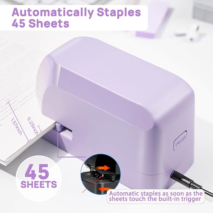 Electric Stapler for Desk Value Pack, 45 Sheet Capacity, Includes 1500 Staples & Staple Remover, No-Jam, Faster Stapling, AC Adapter Powered, Purple
