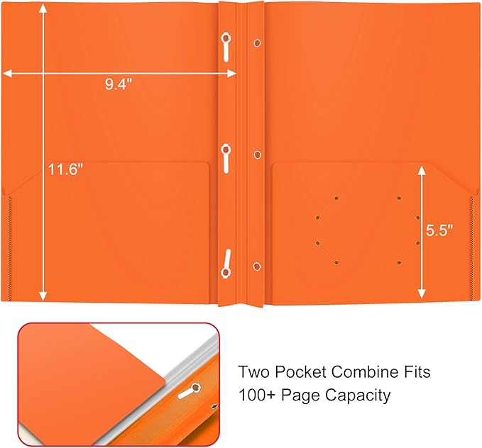 ViVin 12 Pack Plastic Folders with Pockets and Prongs, Heavy Duty 2 Pocket Folders with 3-Prong Fasteners, Poly File Holds 8-1/2" x 11" Paper for School Office Home (Orange)