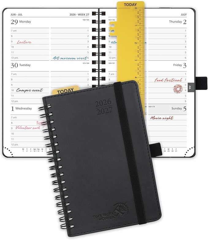 POPRUN Pocket Planner 2026-2027 (Purse Size 4'' x 6.25'') Academic Small Calendar (July 2026 - June 2027) with Hourly Time Slots, 100GSM Thick Papers, Spiral Leather Cover - Black