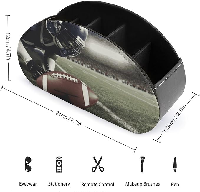 American Football Remote Control Holder with 5 Compartments Leather TV Remote Caddy Remote Storage Box Desktop Organizer for Pen/TV Remotes/Media Controllers/Office Supplies