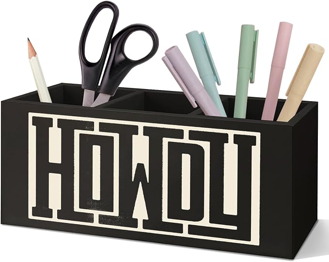 SNNDER Western Office Decor Pen Holder for Desk, Western Gifts for Women Men, Retro Howdy Western Wooden Pen Pencil Holder Organizer for Home Office Desk Accessories