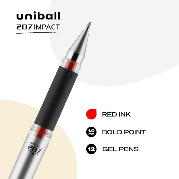 uniball 207 Impact Gel Pens, Bold Point (1.0mm), Red, 12 Pack