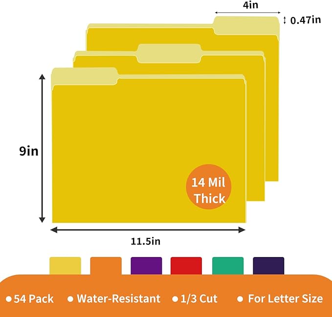 Binditek 54-Pack Heavy Duty Plastic File Folders, 1/3-Cut Tab Letter Size Colored File Folders, 14 Mil Thick, 6 Assorted Colors, for Office, Medical Records and Home Organization