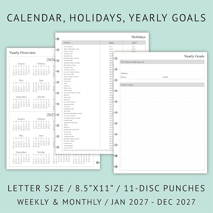 2027 Weekly Planner Refills for 11-Discbound Notebooks, Monthly Tabs, 11-Disc Punches, Letter Size, 8-1/2" x 11"