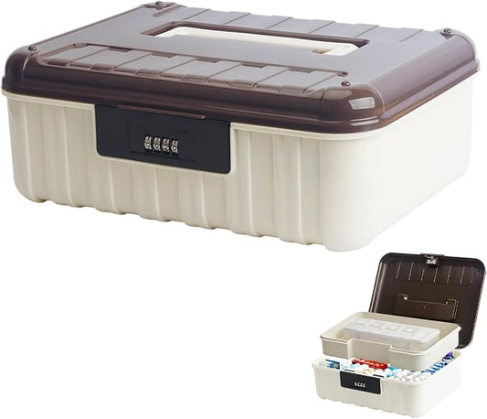 2-Tier Locking Storage Box with 4-Digit Combination Lock, Portable Stackable File & Medicine Organizer for Home, Office, Dorm (Brown, 11.42x8.66x4.45 Inches)