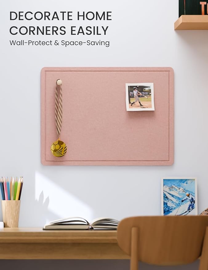 Fluxynara Bulletin Board, 23.6" x 17.5" Cork Board Alternative with 12 Safe Removable Adhesive Tabs, Foldable Felt Pin Board for Home Office, Classroom, Bedroom,Entryway for Walls—Pink