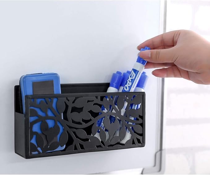 MyGift Black Metal Magnetic Dry Erase Marker Holder for Whiteboard Markers and Accessories Storage Basket Organizer with Floral Cutout Design
