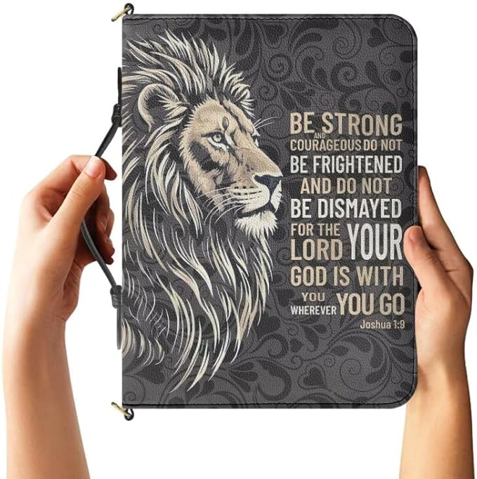 2XL Bible Cover Cases for Men, Black Bible Bags with Strap and Handle, Lion Print Joshua 1:9 PU Leather Biblia Holder with Inner Pockets and Pen Loop, Church Bags for Women