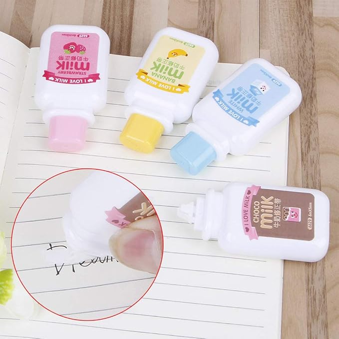 4PCS Milk Bottle Style Correction Tape,Cute Kawaii Stationery Tear Resistant White Tapes for School Office Supplies(Random Color)