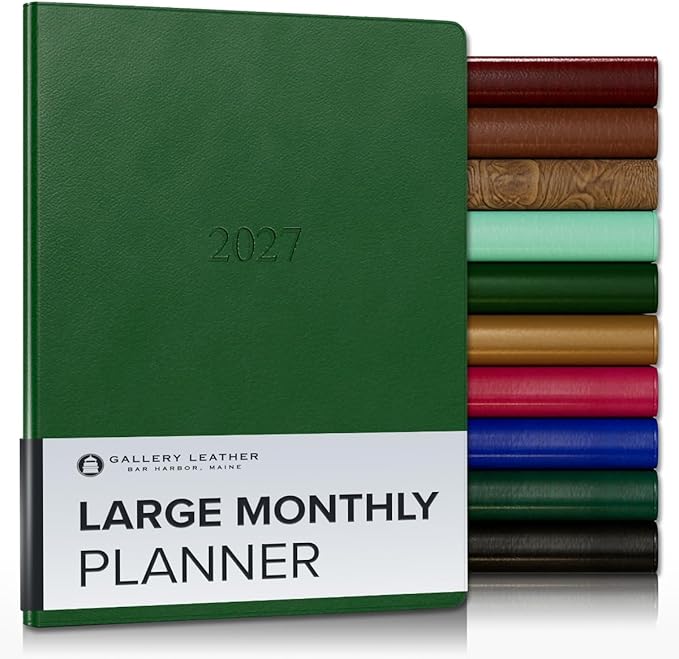 Gallery Leather Large Monthly Planner 2027, Elegantly Bound Calendar Planner and Notebook with Stylish Gold-Gilded Page Edges, 18 Months - Monhegan Emerald - 9.75x7.5"