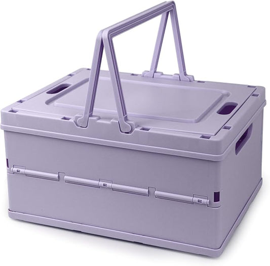Collapsible Storage Crate, Foldable Plastic Basket with Lid and Handle, Foldable Storage Box Crate Bin for Home Kitchen Office Bathroom Bedroom Pantry (Purple)