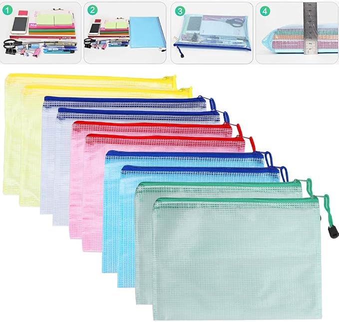 10Pcs Mesh A5 Document Pouch – Water Proof PVC File Bag for Office Supplies Storage, Zipper Envelope Organizer with Clear Window 9.2x6.9 in