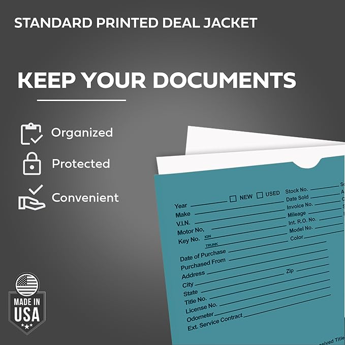 Printed Vehicle Deal Envelopes 9x12 Deal Jackets (100 shrink wrapped) (Teal)