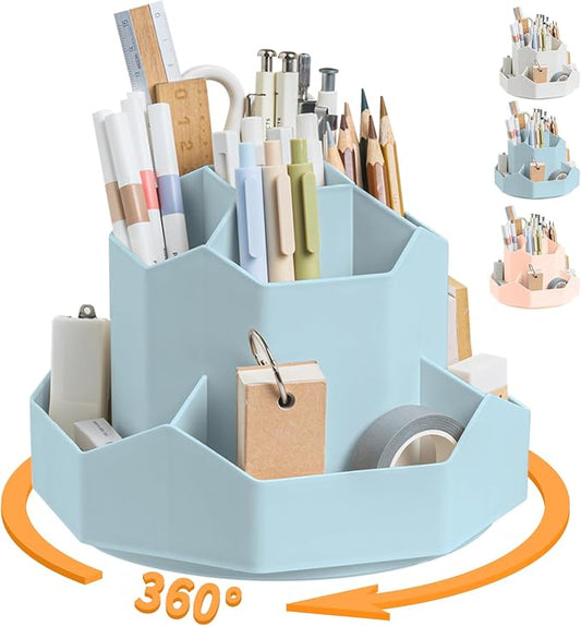 Cayxenful Pencil Pen Holder for Desk,9 Slots 360 Degree Rotating Desk Organizers,Desktop Storage Stationery Supplies Organizer, Cute Pencil Cup Pot For Office, School, Home(Blue)