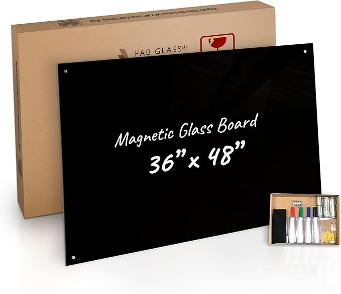 Frameless Magnetic Glass Board 36"x48", Black Surface Glass Board - Includes Magnets, Markers, Marker Tray, Eraser for Home & Office by Fab Glass and Mirror