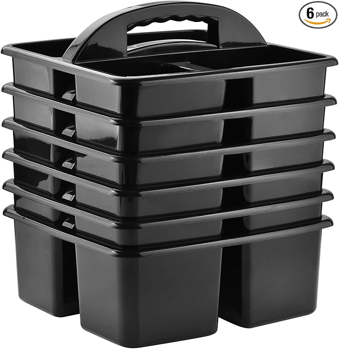 ALINK Plastic Classroom Caddy Organizer with Handle, 6-Pack 3 Compartments, Teacher Supply Storage Caddy for Classroom Organization, Table, Desk, Office, Craft Art for Kids - Black