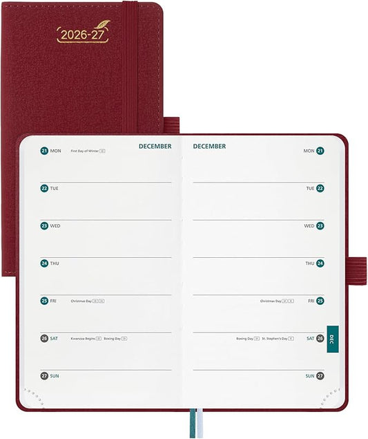 BEZEND 2026-2027 Pocket Planner, 18 Month Weekly & Monthly (3.5"x 6") 2-Column Dual Schedule Academic Agenda (Jul 26-Dec 27) for Students, Work, Home or 2 Person, PU Leather Hardcover - Burgundy