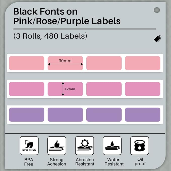 D30 Label Maker Tape - Compatible with Memoking/Phomemo D30 Printer Machine, 12x30mm Waterproof Thermal Printer D30 Labels, Purple/Rose Red/Pink Sticker Machine Tape, 3 Rolls
