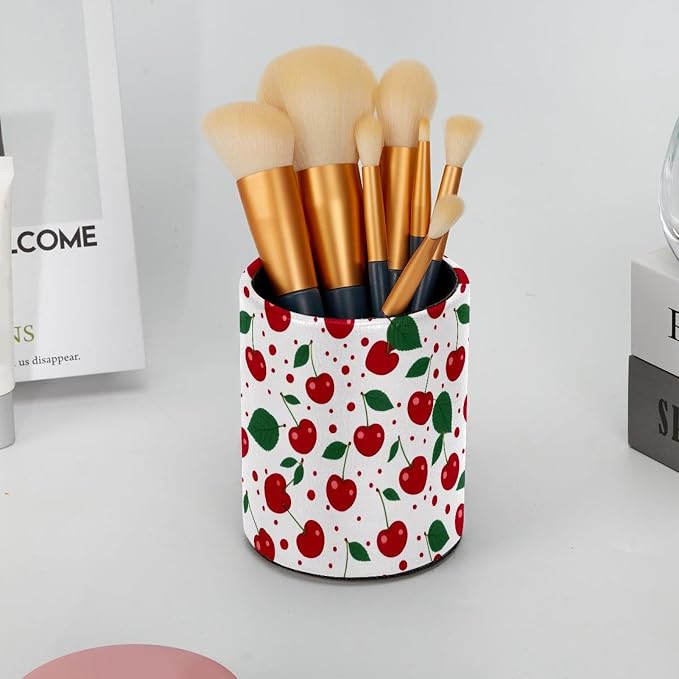 Pen Holder for Desk, Cherries Leather Desk Organizer Makeup Brushes Cup, Pen Cup Pencil Holders, Desktop Supplies and Accessories, Office&Home Organizer