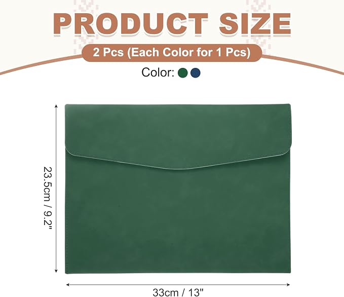 PATIKIL 2Pcs PU Leather File Folders, 13x9 A4 Document Holder Waterproof Envelope Folder with Snap Closure, Portable Portfolio Organizer Case for Paper Receipt, Green/Blue