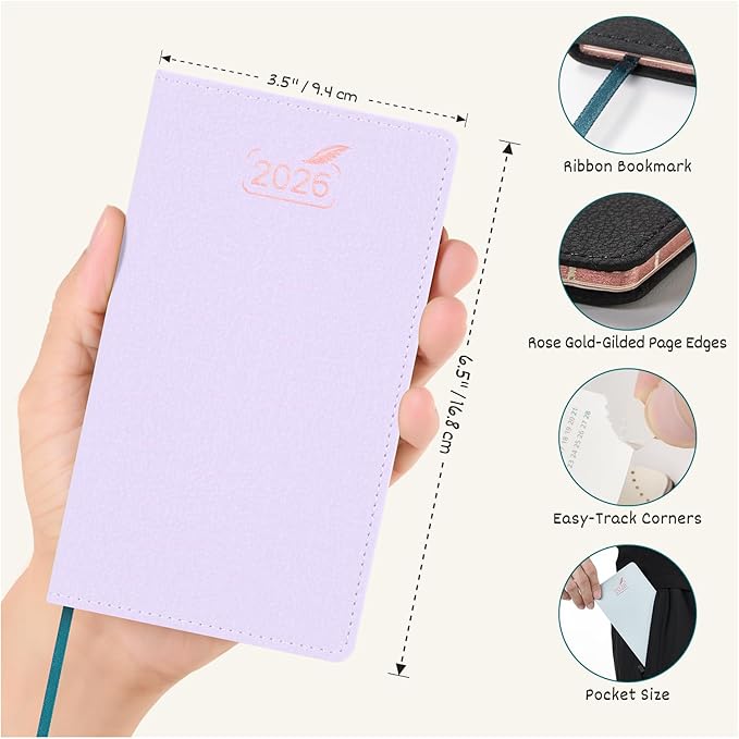 BEZEND Pocket Monthly Planner 2026, Small Calander Book 3.5" x 6.5" Runs Dec 25 to Jan 27, 14-Months Slim Planner for Purse with Rose Gold-Glided Paper Edge & PU Leather Softcover in Lilac