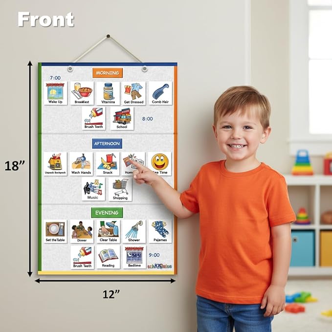 SchKIDules REDESIGNED Magnetic Visual Schedule Home Bundle Kit for Daily Routines, Chores, Behavioral Supports, Kids Calendar, and ADHD Help includes 129 Magnets, 18" Folding Reversable Board and more