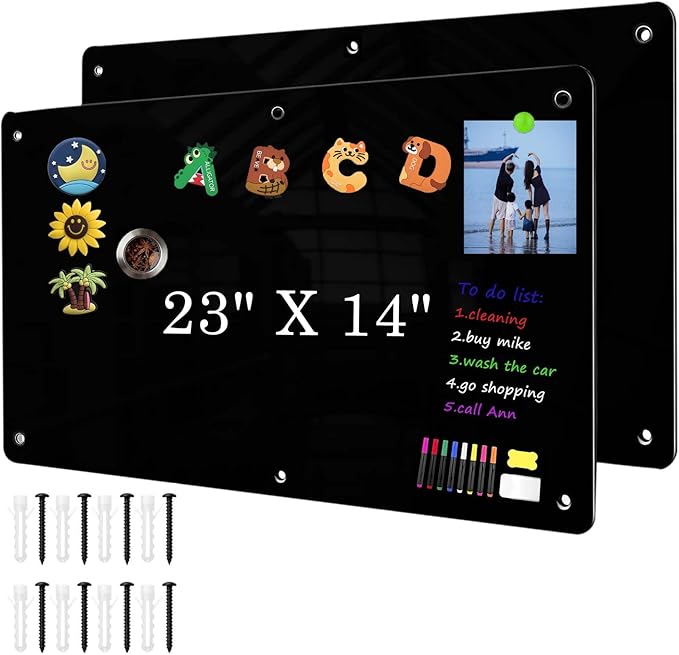 2Pack Black Magnetic Board,23" x 14" Magnet Bulletin Board to Display Magnetic Notes, Poetry, Photos, Suitable for Wall, Refrigerator, Cabinet etc, Large Dry Erase Memo Board Come with 6 Pcs Screws