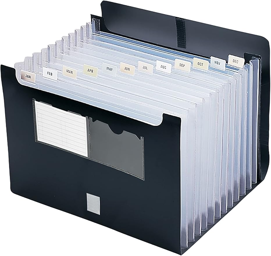 Smead Poly Desktop Expanding File, 12 Pockets, Flap Closure, Alphabetic (A-Z) and Monthly (Jan-Dec) Tab Inserts, Letter Size, Black (70845)